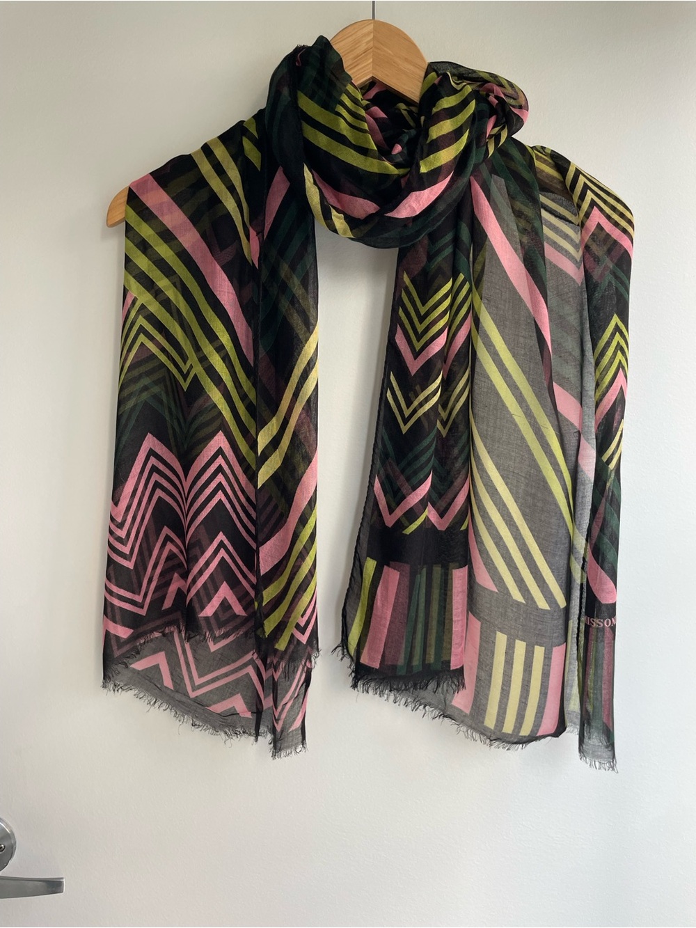 Missoni Black Scarf with Pink and Green Zig-Zag Pattern